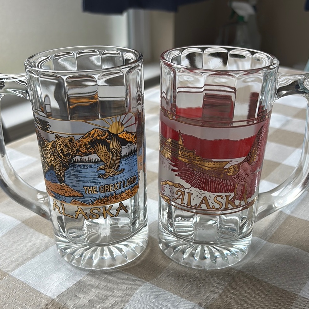 Alaska Glass Beer Mugs - Clear with Multicolor Design - FOR THE PAIR